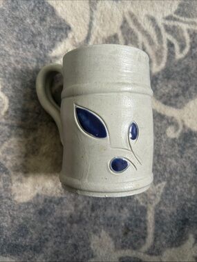 Handcrafted Williamsburg Pottery Ceramic Mug with Blue Leaf Motif